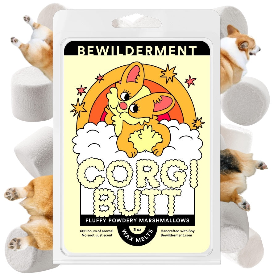 Corgi Butt Wax Melts package featuring playful corgi cartoon and fluffy white wax cubes.