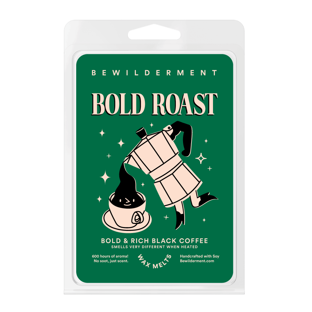 Bold Roast Coffee Wax Melts packaging with green background and illustrated coffee pot pouring into cup.