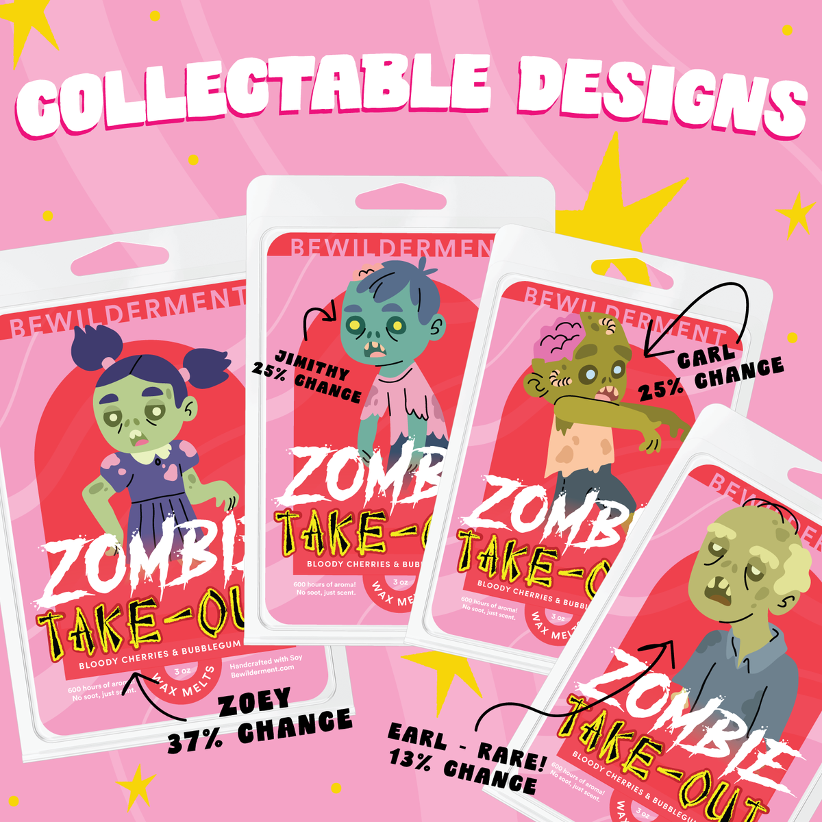 Colorful collectible cards featuring cartoon zombie characters with bold text and pink backgrounds.