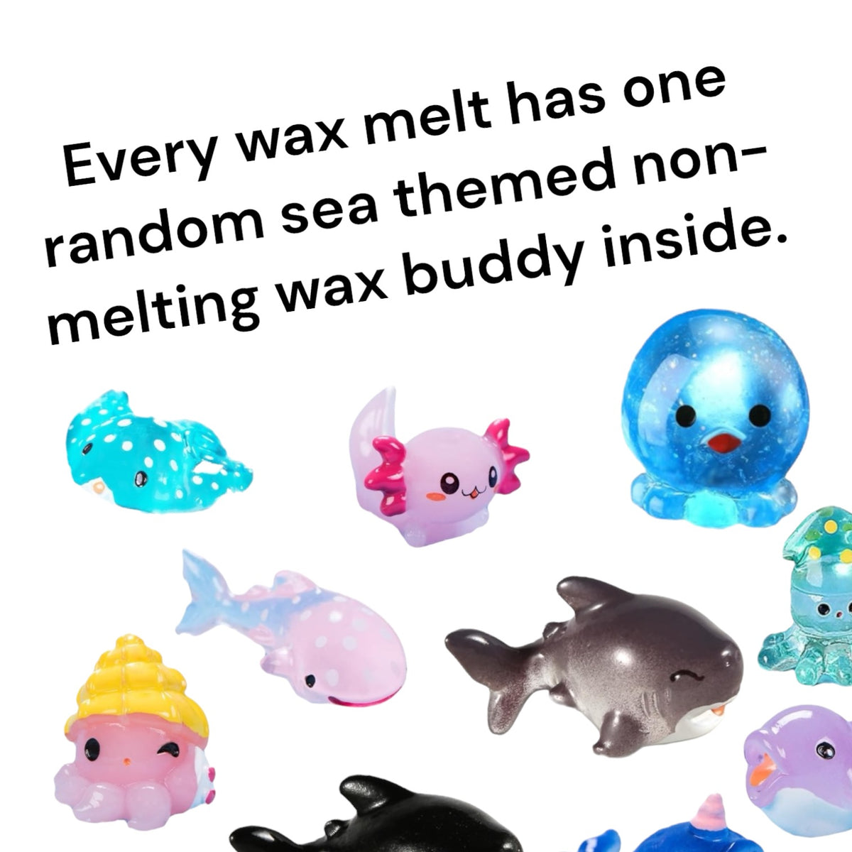 Assorted colorful sea creature-shaped wax melts including shark, octopus, dolphin, and fish in blue, pink, purple, and.