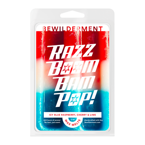 Razz Boom Bam Pop! wax melts package with red, white, and blue gradient and star accents.